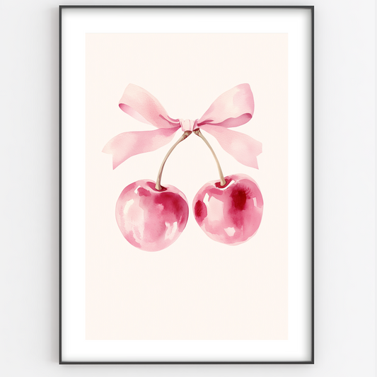 Pink Cherries With Bow Print - Gina Ellen Wall Art