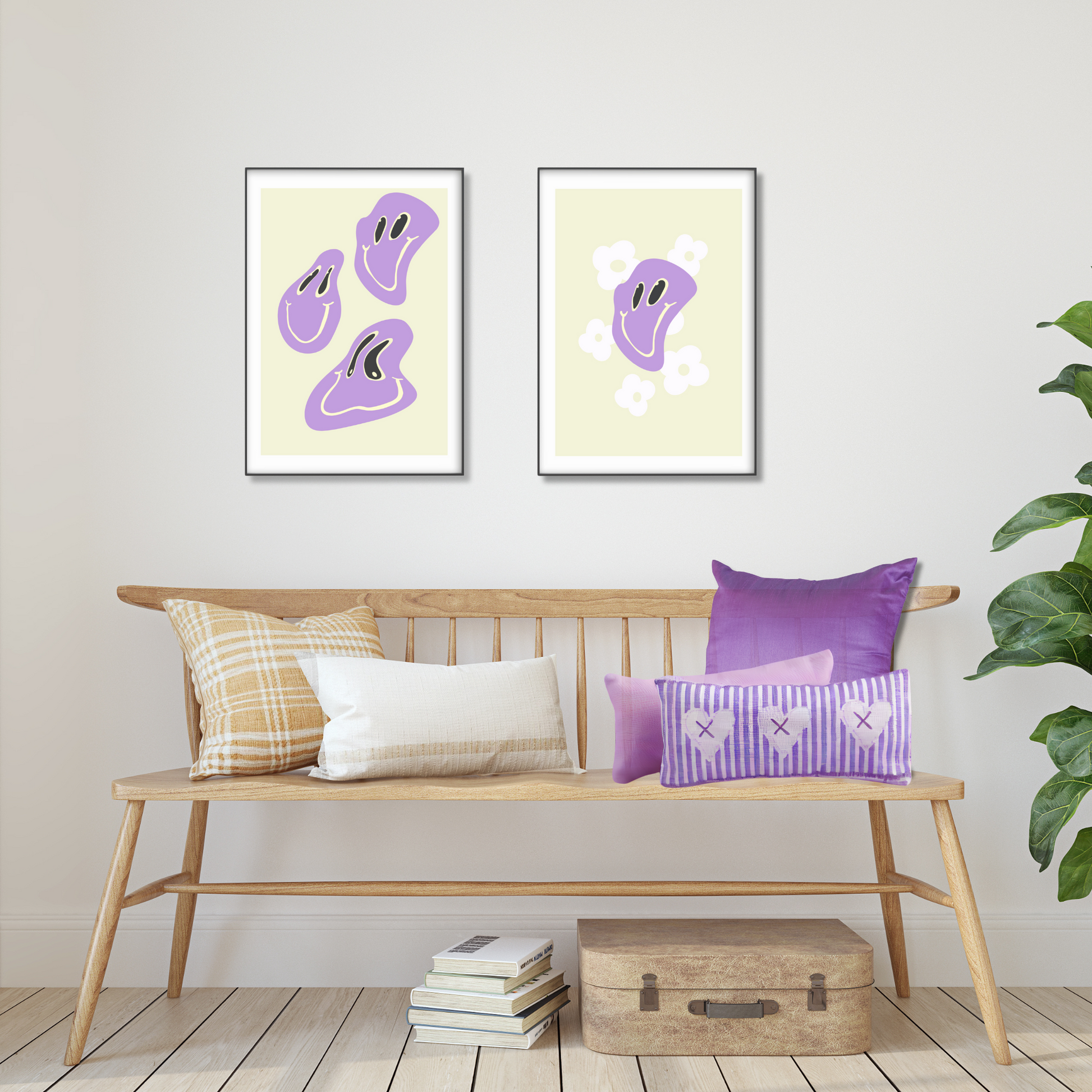 Y2K Aesthetic Floral Purple Smiley Face Art Print - Gina Ellen Wall Art