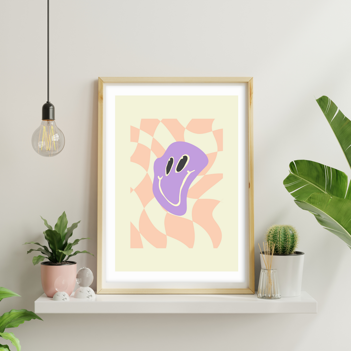 Y2K Aesthetic Purple Checkered Smiley Face Art Print - Gina Ellen Wall Art