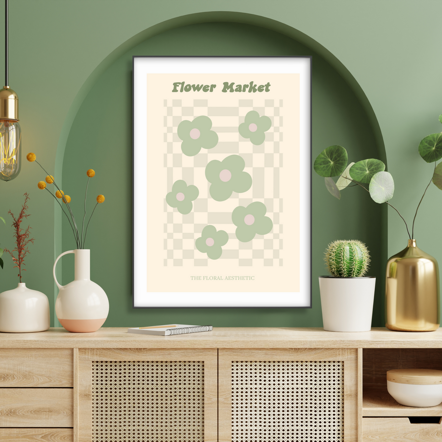 Y2K Aesthetic Green Checkered Floral Art Print - Gina Ellen Wall Art