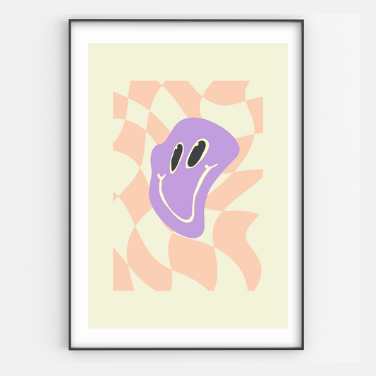 Y2K Aesthetic Purple Checkered Smiley Face Art Print - Gina Ellen Wall Art